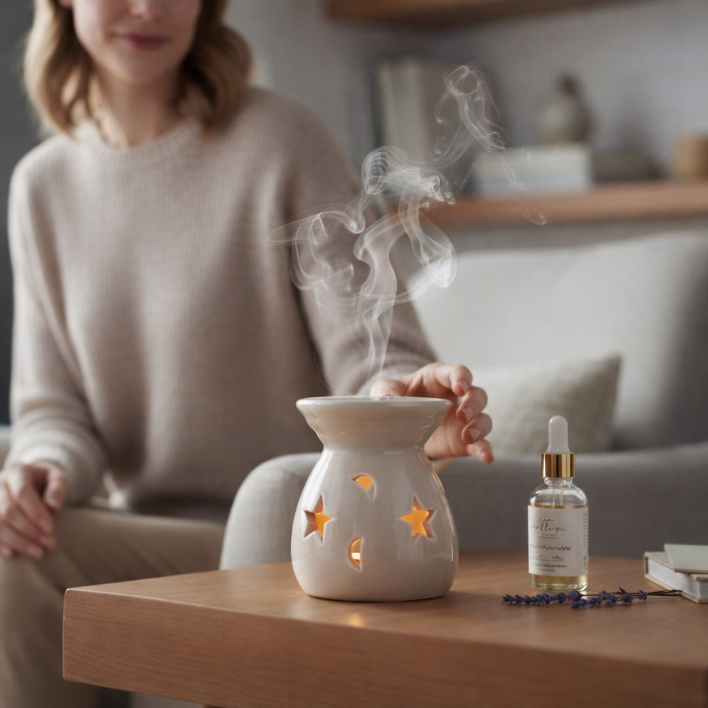 Person sitter i en soffa och använder en vit aromalampa med stjärnmönster på ett träbord, med doftolja bredvid och mjuk rök som stiger i en lugn och mysig hemmiljö.
