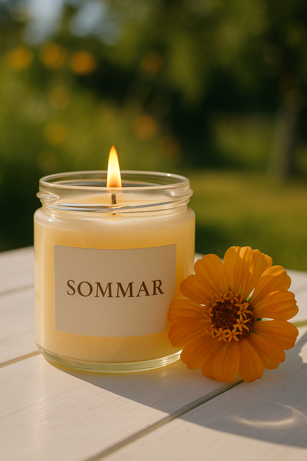 Handgjort doftljus från Moony Flames som står på ett träbord utomhus.