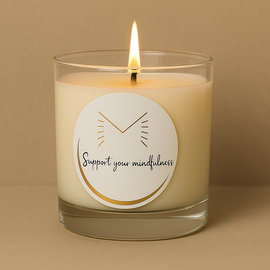 Tänd doftljus i klart glas med krämfärgat vax och etikett med texten “Support your mindfulness”, placerat mot en varm, lugn bakgrund som förmedlar ro och närvaro.