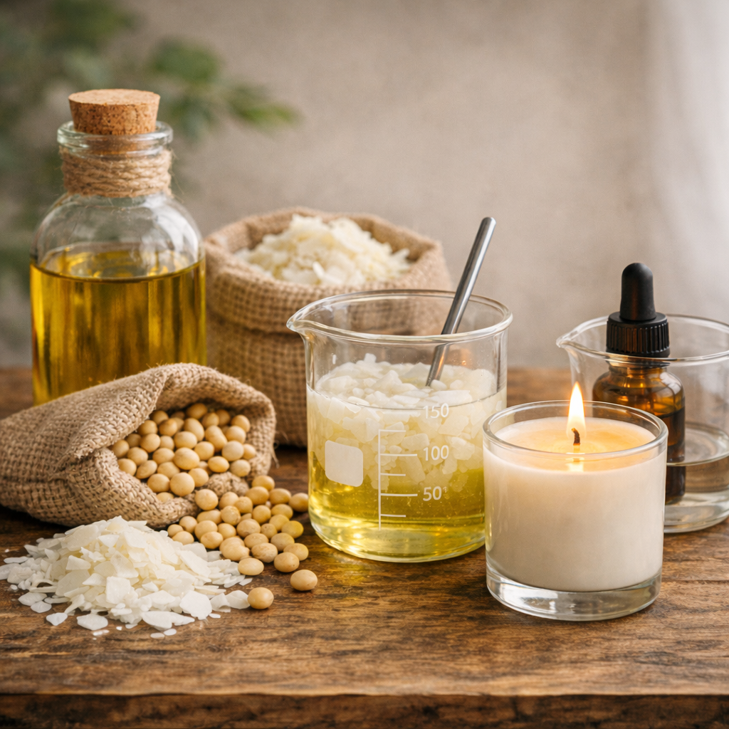 Stillbild av råvaror för doftljus: sojavax i flingor, sojabönor, sojaolja, doftolja och ett tänt sojaljus på ett rustikt träbord, som visar hur doftljus tillverkas.