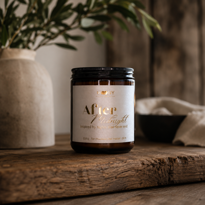 Handgjort doftljus After Midnight från Moony Flames. Veganskt sojavaxljus i amberglas med doft av mörka körsbär och vanilj på rustikt träbord.