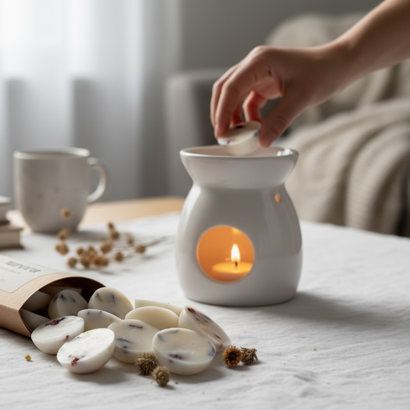 Hand placerar doftpralin i vit aromalampa med levande ljus – handgjorda doftvax från Moony Flames i lugn skandinavisk miljö.