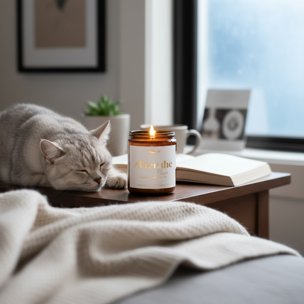Handgjort doftljus från Moony Flames bredvid en sovande katt i ett lugnt hem – blogg om hur du använder doftljus på ett säkert sätt i hem med husdjur.