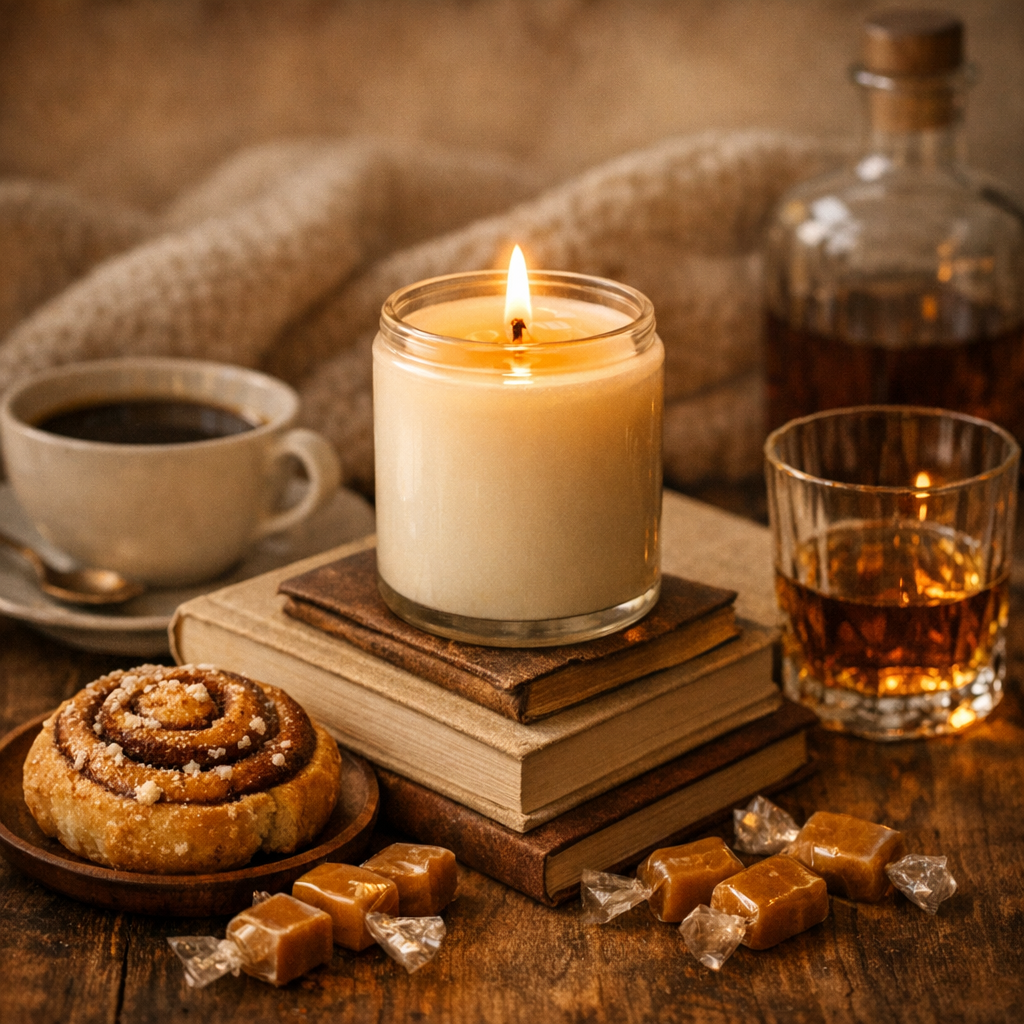 Handgjutet gourmand doftljus i glasburk med kaffe, kanelbulle, karameller och ett glas whiskey i varm, stämningsfull miljö som förmedlar trygghet och närvaro.