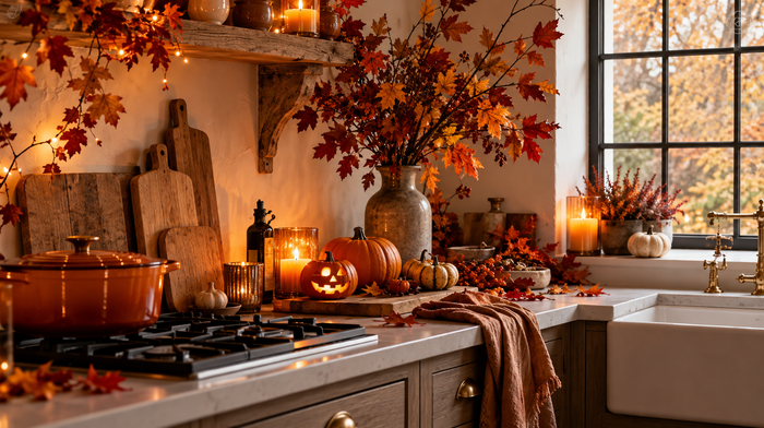 Mysigt höstdekorerat kök med orange pumpor, tända ljus, höstlöv och en lysande Halloweenpumpa. Varm och inbjudande höststämning inför Halloween.