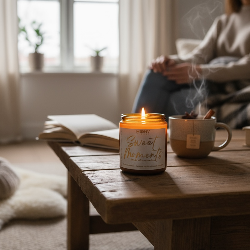 Handgjort doftljus från Moony Flames som brinner på ett träbord bredvid en kopp te och en öppen bok i ett lugnt vardagsrum – en mysig stund för avkoppling hemma.