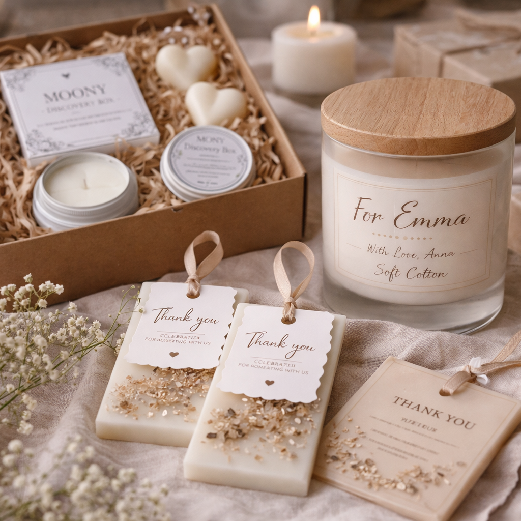 personliga presentidéer med doftljus discovery box doftvax och vaxhängare som gåvor till bröllop gäster och kunder moony flames sverige