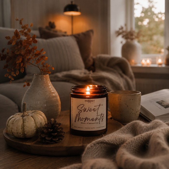 Handgjort doftljus Sweet Moments i ett mysigt vardagsrum med höstdekoration, filt, bok och levande ljus som skapar en varm och ombonad höst- och julkänsla.