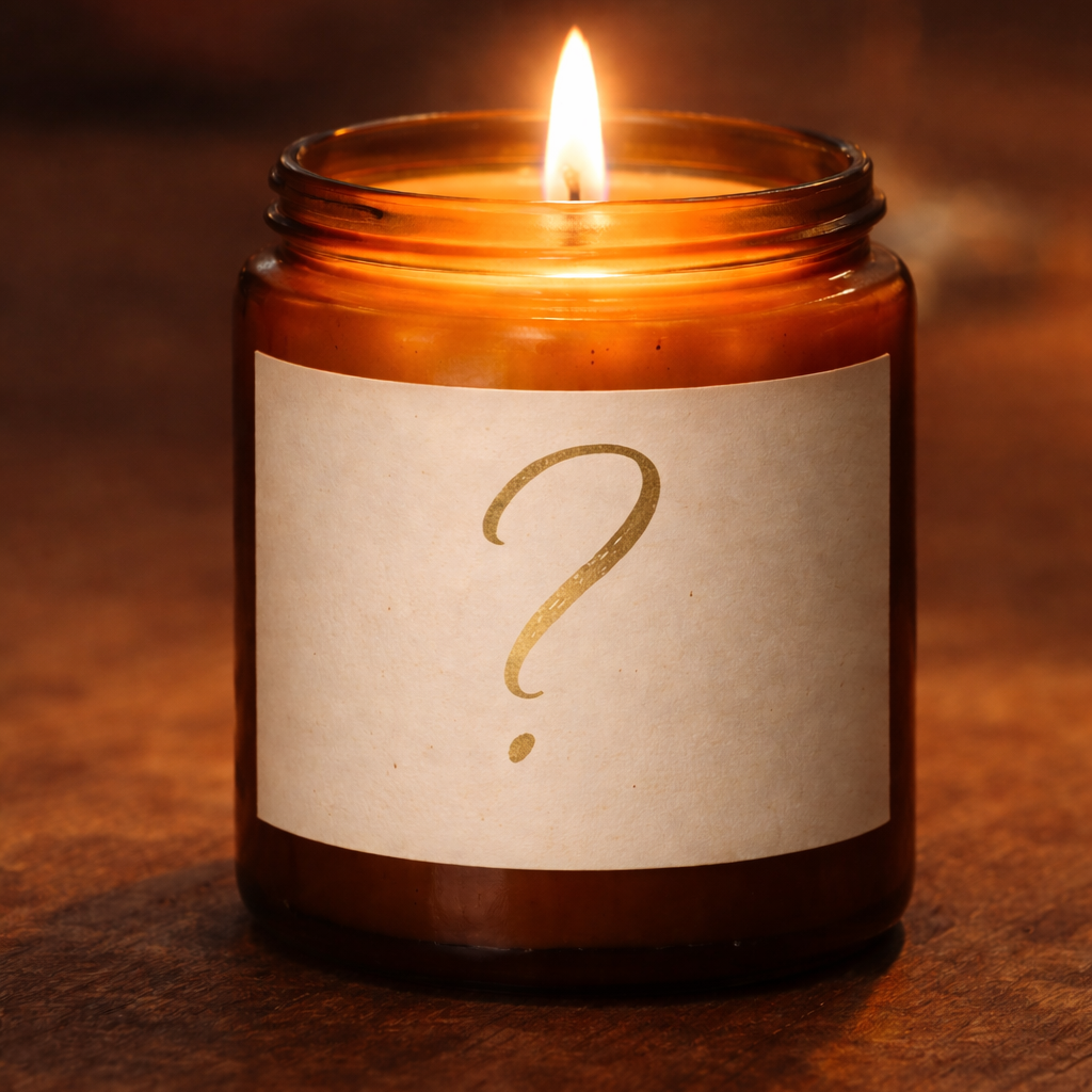 Handgjort doftljus i amberfärgad glasburk med enkel etikett och frågetecken, tänd låga och varm, stämningsfull belysning – Mystery Flame från Moony Flames.