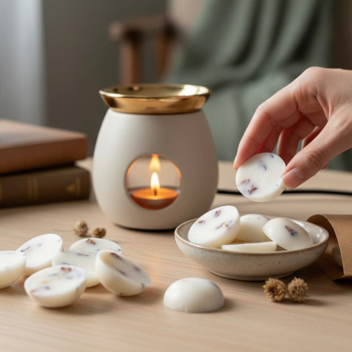 Handgjorda svenska doftpraliner från Moony Flames placeras i en vit aromalampa med levande ljus – veganskt doftvax av rapsvax med torkade blommor i lugn, skandinavisk miljö.