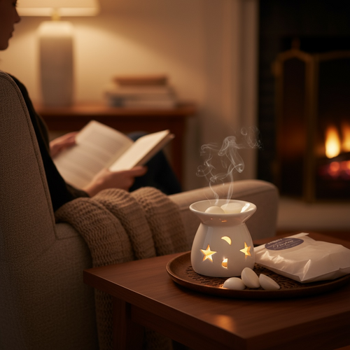 Moony Flames doftpraliner och doftvaxlampa i ett mysigt vardagsrum. Lampan är tänd och en brasa är på i rummet. Någon sitter i en fåtölj och läser en bok medan vaxet smälts och doften frgiörs.