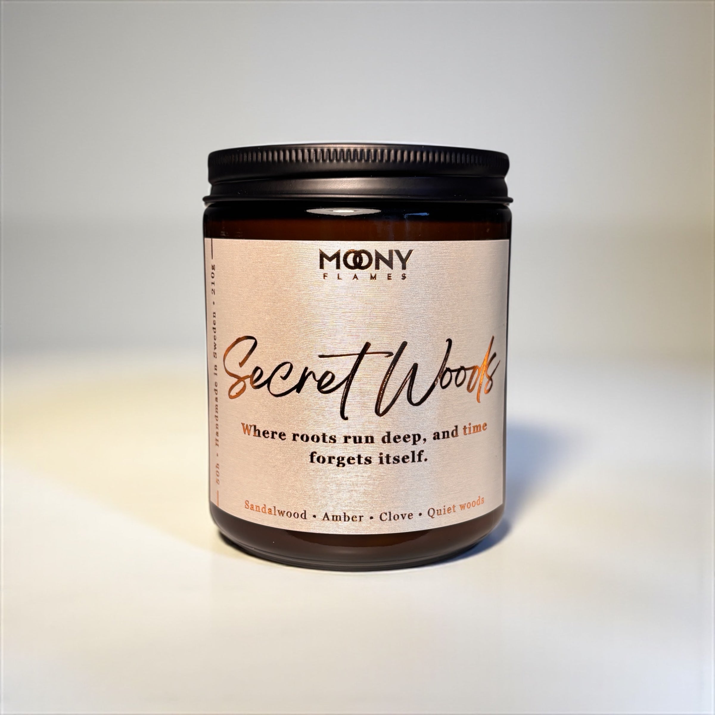 Secret Woods – Handmade Scented Candle in Glass Jar with Sandalwood, Amber & Spicy Wood Notes