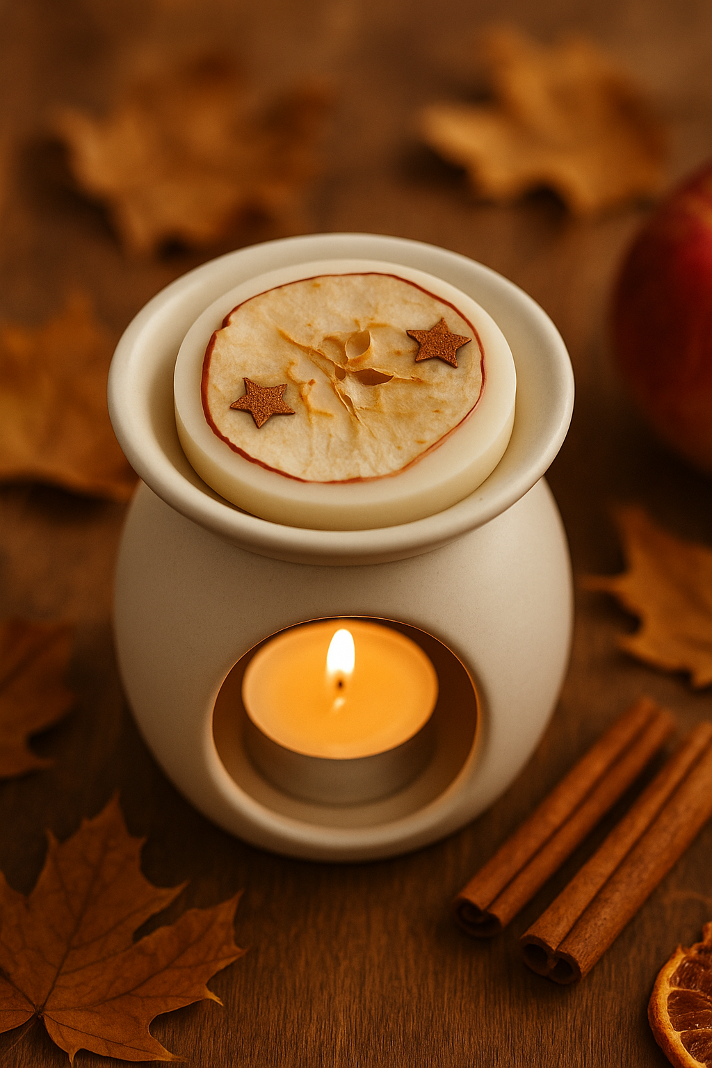 Doftvaxhängaren med vinteräppeldoft som visas i en tänd aromalampa som stor på ett rustikt träbord. Det syns torkade höstblad, en kanelstång och torra apelsinskivor runt den.