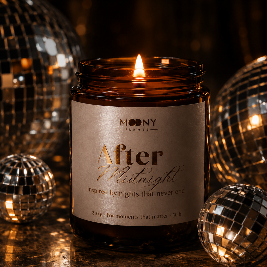 After Midnight doftljus från Moony Flames omgivet av glittrande diskobollar i varm kvällsbelysning. Handgjort veganskt doftljus i amberglas tillverkat i Småland, Sverige. Lyxig inredningsdetalj för mysiga kvällar, hemmaspa och stämningsfulla ögonblick.
