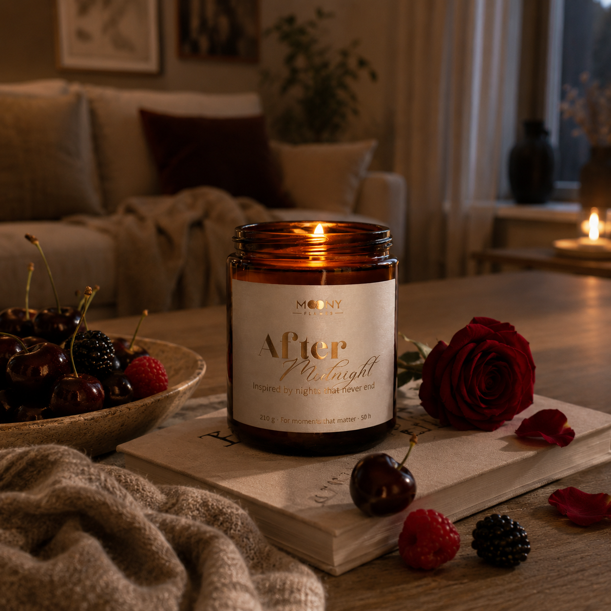 After Midnight doftljus från Moony Flames med doft av körsbär, bär och vanilj. Handgjort sojavaxljus från Småland i Sverige, stylat i ett mysigt skandinaviskt vardagsrum med rosor och mörka bär.