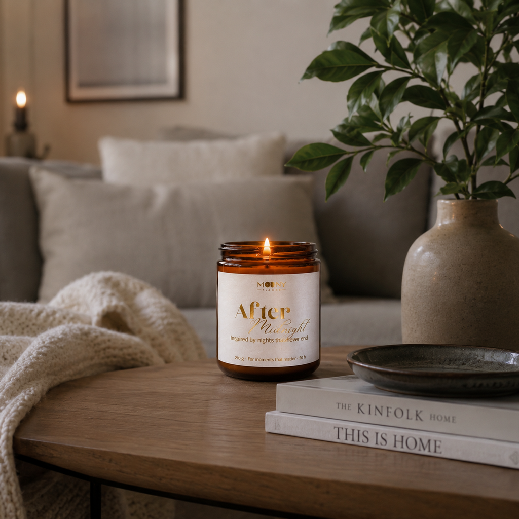 After Midnight doftljus från Moony Flames tänt i ett mysigt skandinaviskt vardagsrum med mjuka textilier, gröna växter och naturliga material. Handgjort doftljus med noter av körsbär, hallon, björnbär och vanilj, tillverkat i Småland, Sverige.
