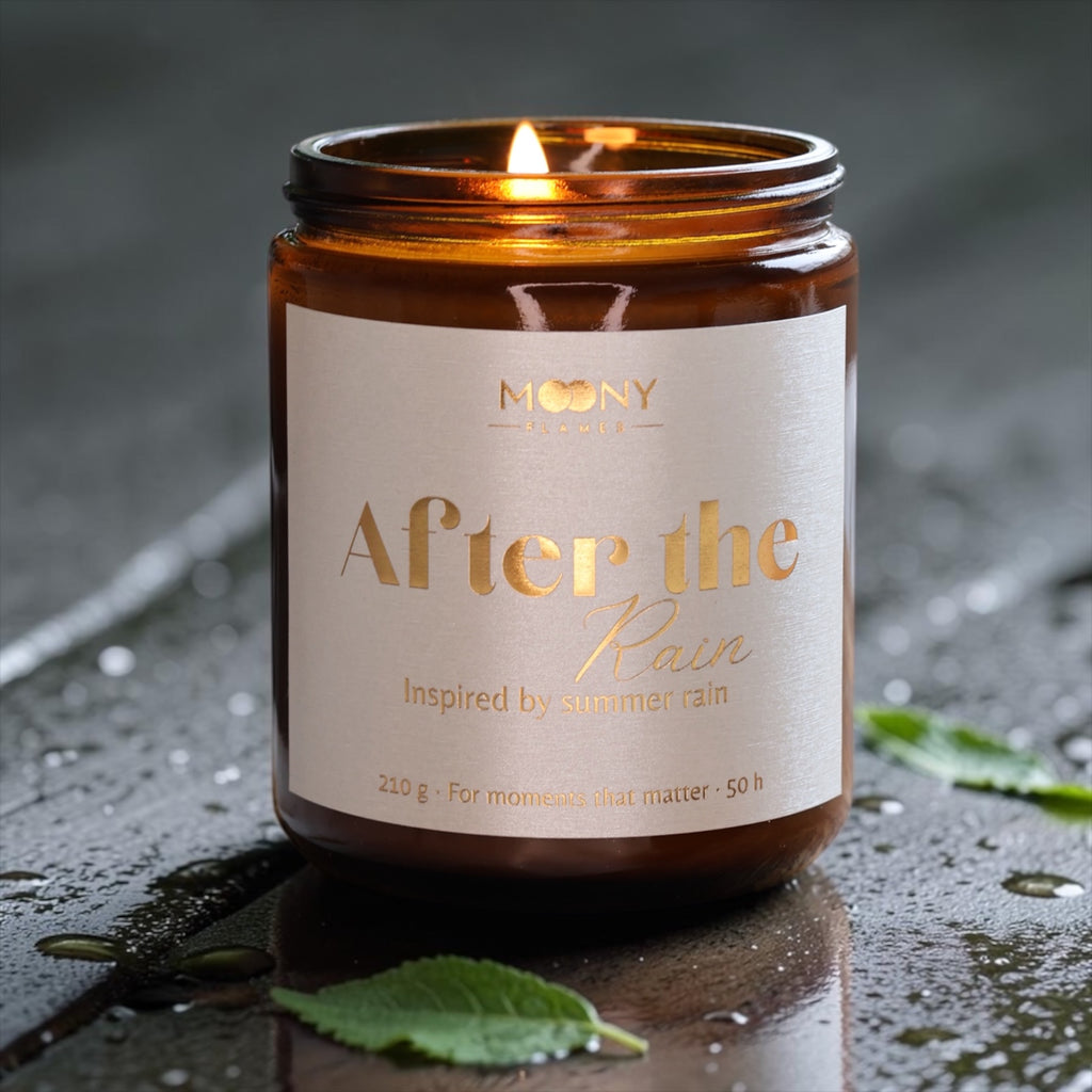 Handgjort doftljus After the Rain i brun glasburk på våt yta med regndroppar och grönt blad – inspirerat av petrichor och sommarregn.