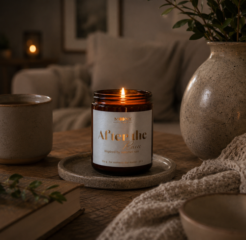After the Rain doftljus från Moony Flames tänt i ett mysigt skandinaviskt vardagsrum. Handgjort doftljus inspirerat av sommarregn med friska, rena och naturliga noter, tillverkat i Småland, Sverige.