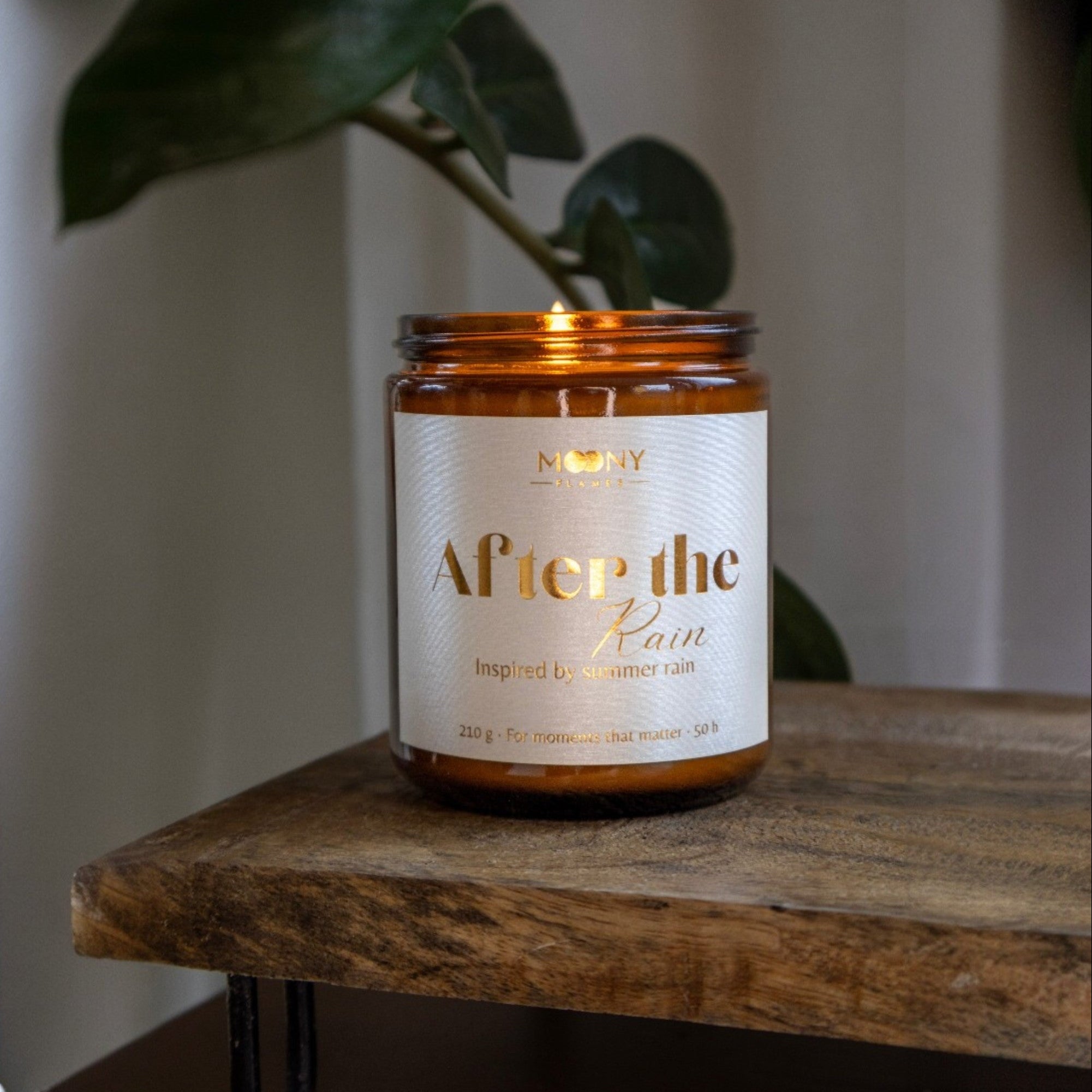 Handgjort doftljus After the Rain i brun glasburk på träbord med grön växt i bakgrunden – lugn och naturlig atmosfär.