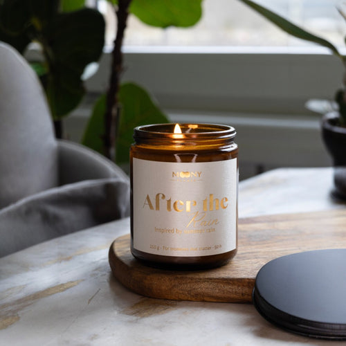 Handgjort doftljus After the Rain i brun glasburk på träbricka med grön växt i bakgrunden – lugn och harmonisk hemmiljö.