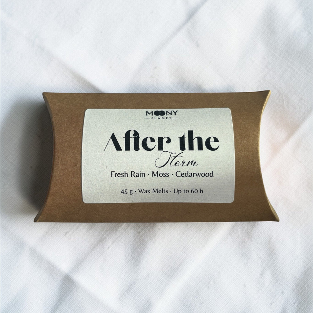 After The Storm doftvaxpraliner i 45 g förpackning – handgjorda wax melts för aromabrännare med doft av friskt regn, mossa och cederträ från Moony Flames