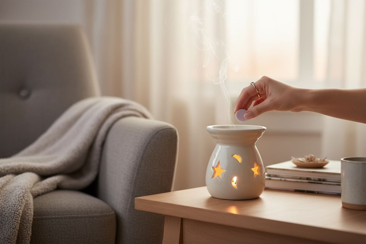 På bilden syns en tänt aromalampa från moony flames på bordet i ett mysigt vardagsrum och e hand som precis fyller på lampan med en doftpralin.