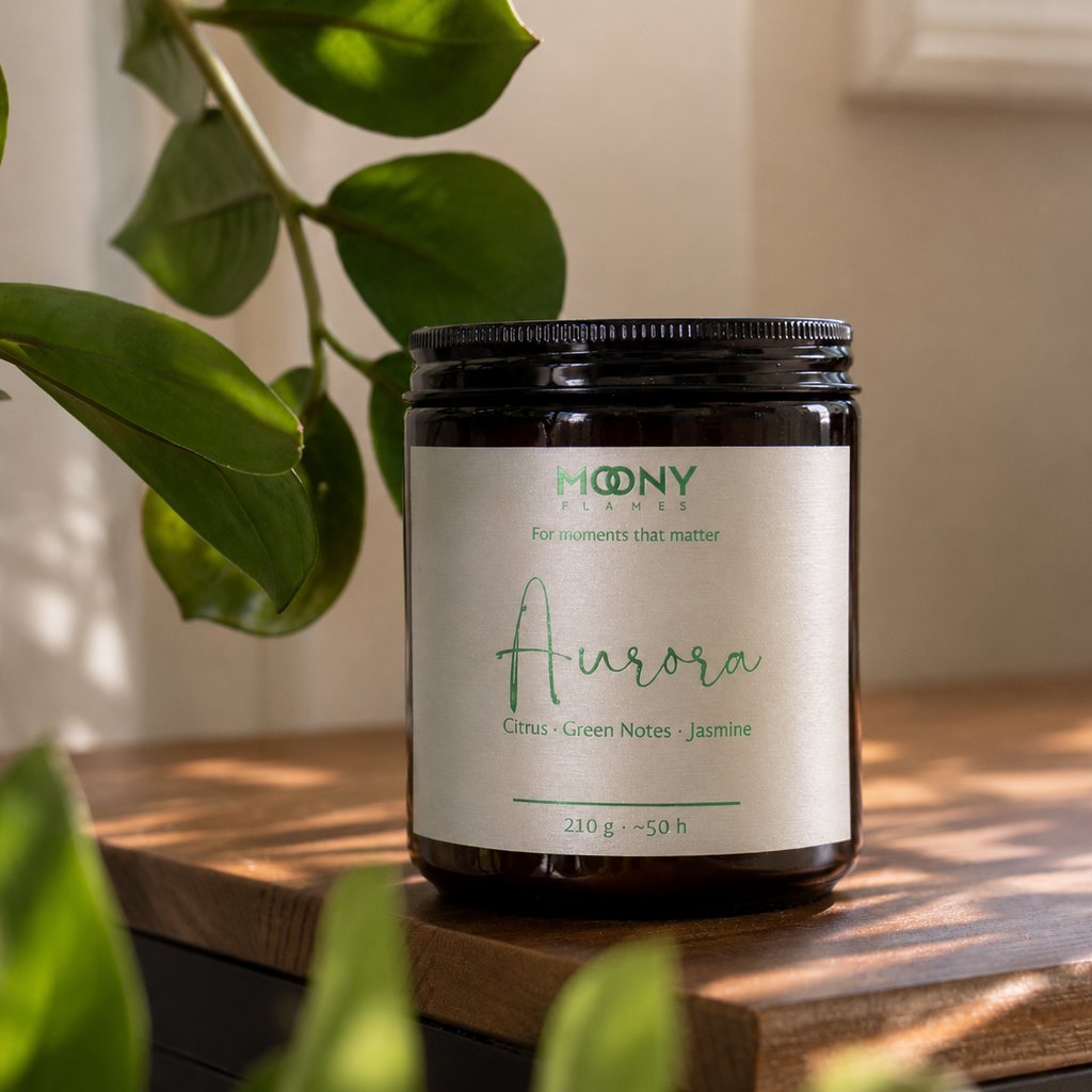 Aurora doftljus från Moony Flames på träbord omgivet av gröna växter och mjukt naturligt ljus. Handgjort doftljus med citrus, gröna noter och jasmin, inspirerat av norrskenets magiska färger och tillverkat i Småland, Sverige.