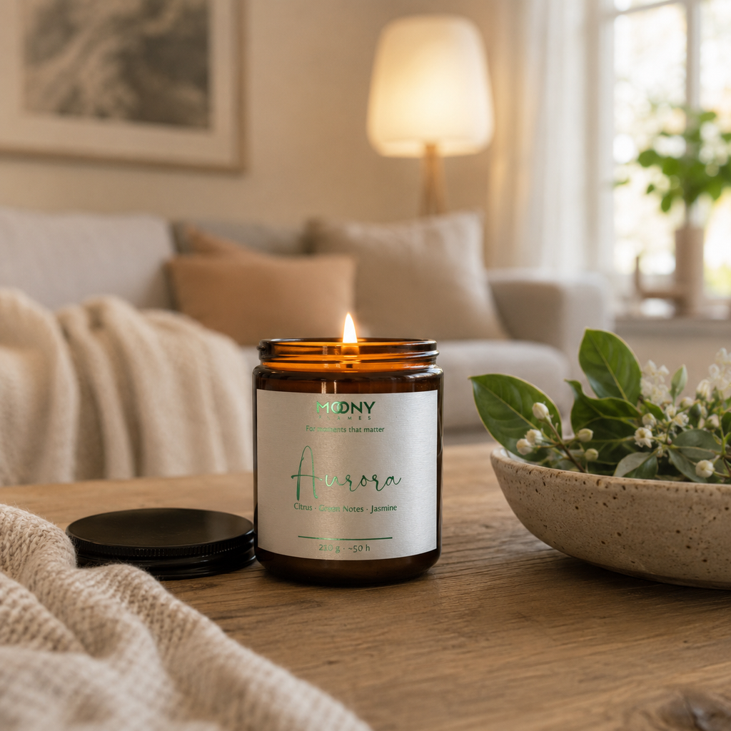 Aurora doftljus från Moony Flames tänt i ett mysigt skandinaviskt vardagsrum. Handgjort doftljus med citrus, gröna noter och jasmin, inspirerat av norrskenets magiska färger och tillverkat i Småland, Sverige.