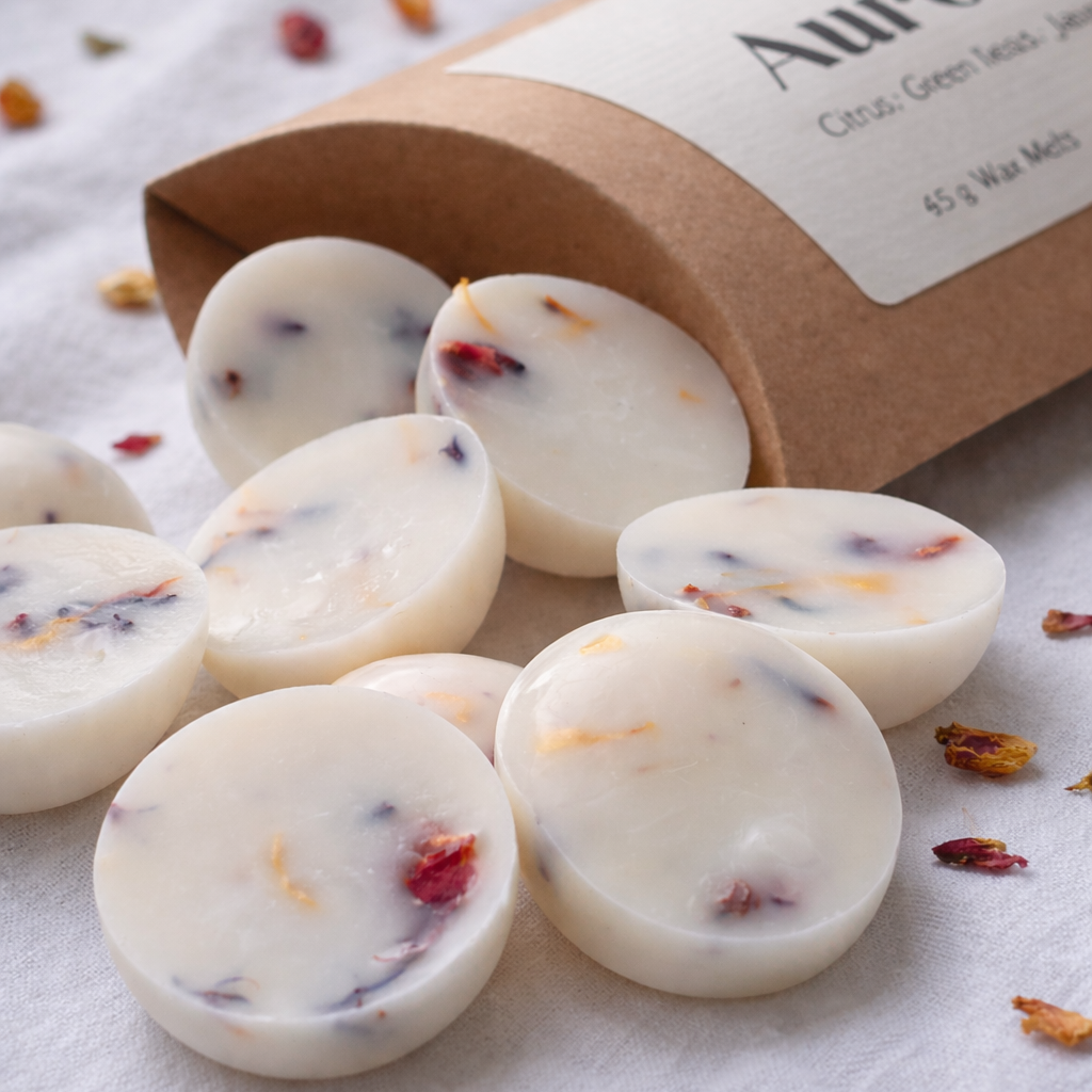 Handgjorda doftpraliner i sojavax – Aurora wax melts med botaniska inslag i kraftpåse från Moony Flames