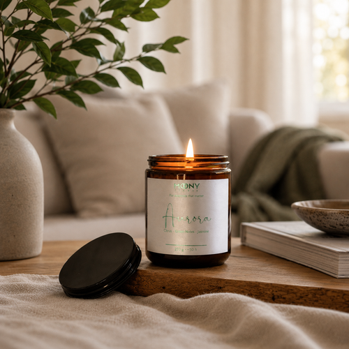 Aurora doftljus från Moony Flames tänt i ett mysigt skandinaviskt vardagsrum med naturliga material, gröna växter och mjuk belysning. Handgjort doftljus med citrus, gröna noter och jasmin, inspirerat av norrskenets magiska färger och tillverkat i Småland, Sverige.