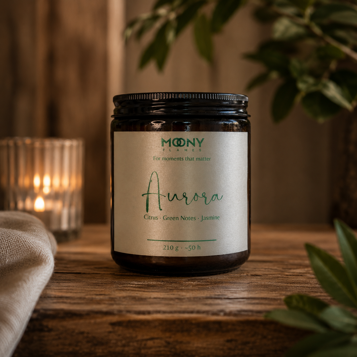 Aurora doftljus från Moony Flames på rustikt träbord med varm belysning, gröna växter och naturliga material. Handgjort doftljus med citrus, gröna noter och jasmin, inspirerat av norrskenets magiska färger och tillverkat i Småland, Sverige.