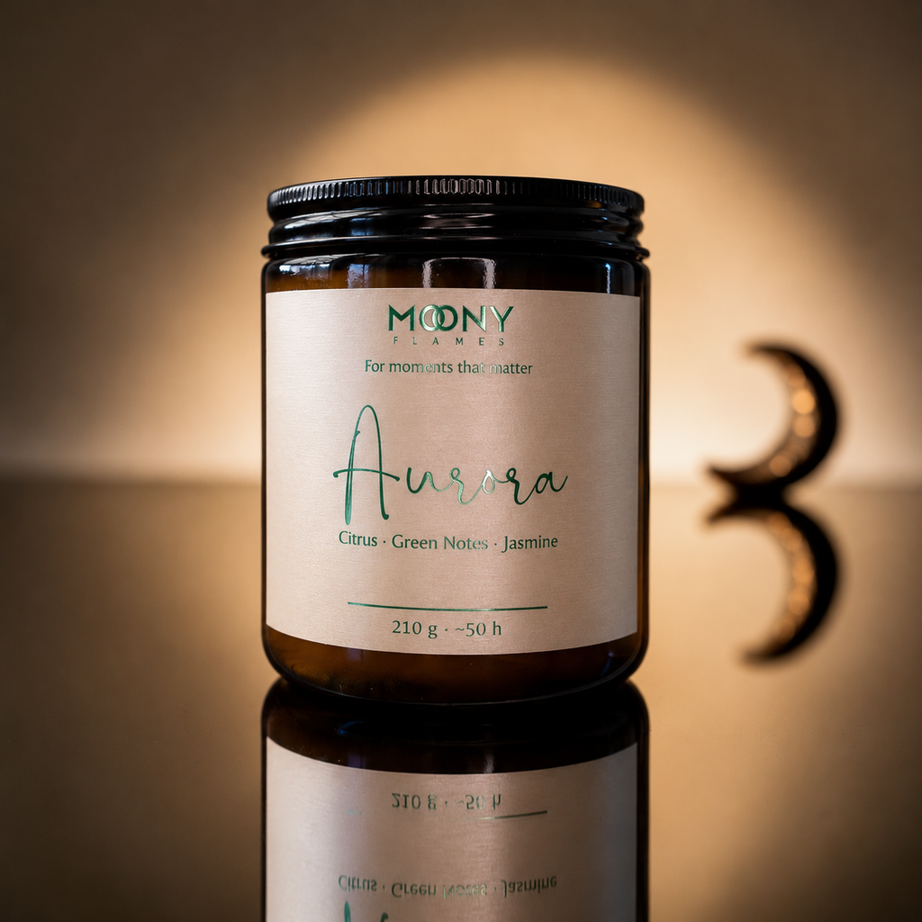Aurora handgjort doftljus från Moony Flames, inspirerat av norrsken med doft av citrus, gröna noter och jasmin, tillverkat i Småland av svenskt sojavax.