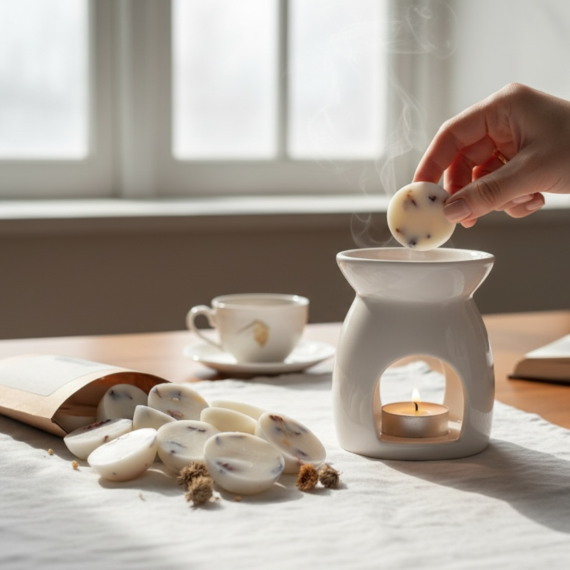 Hand som lägger doftvax från Moony Flames i en aromalampa – handgjorda wax melts i rapsvax.