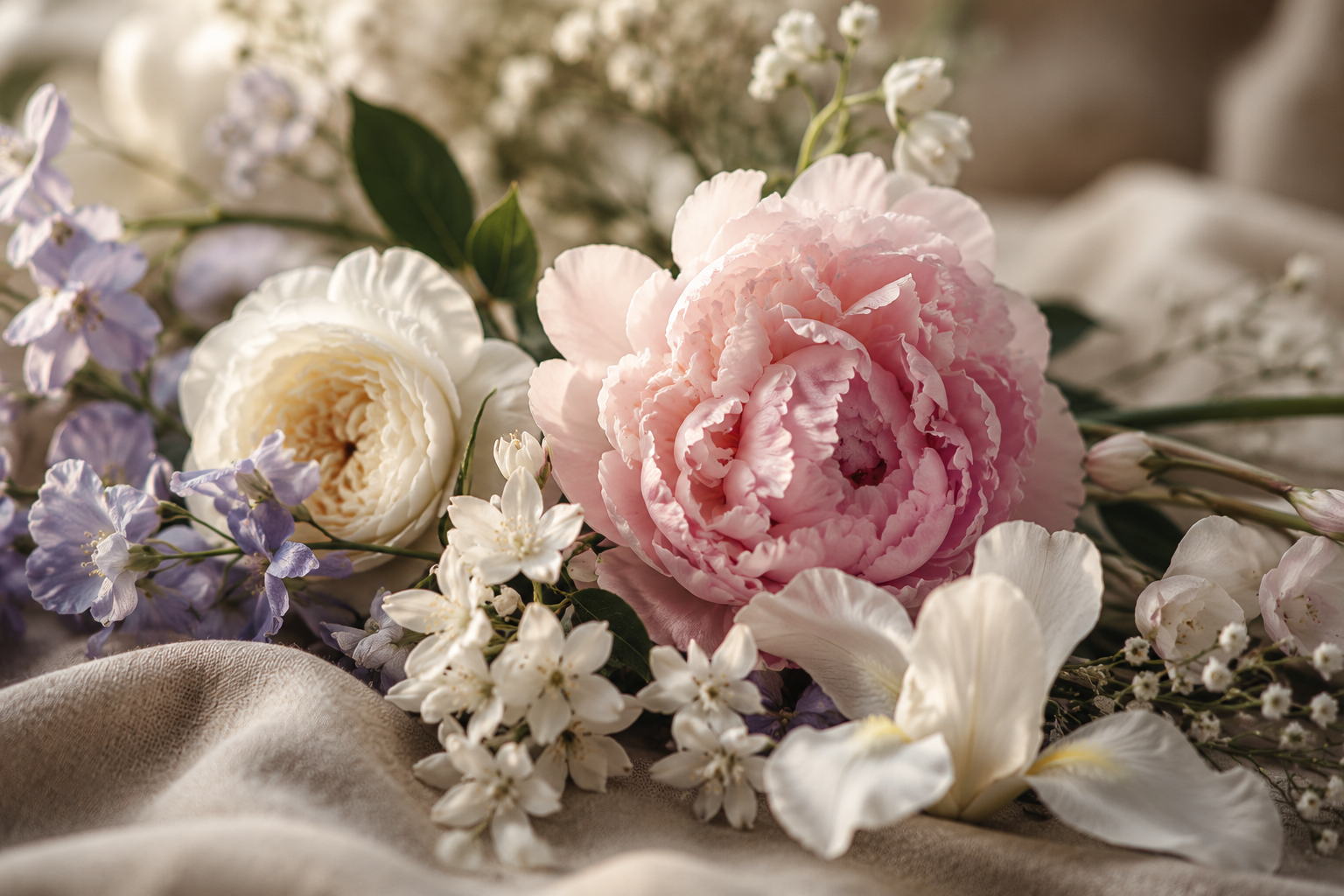 Mjuka rosa och vita blommor som representerar blommiga doftljus från Moony Flames med eleganta blomnoter.