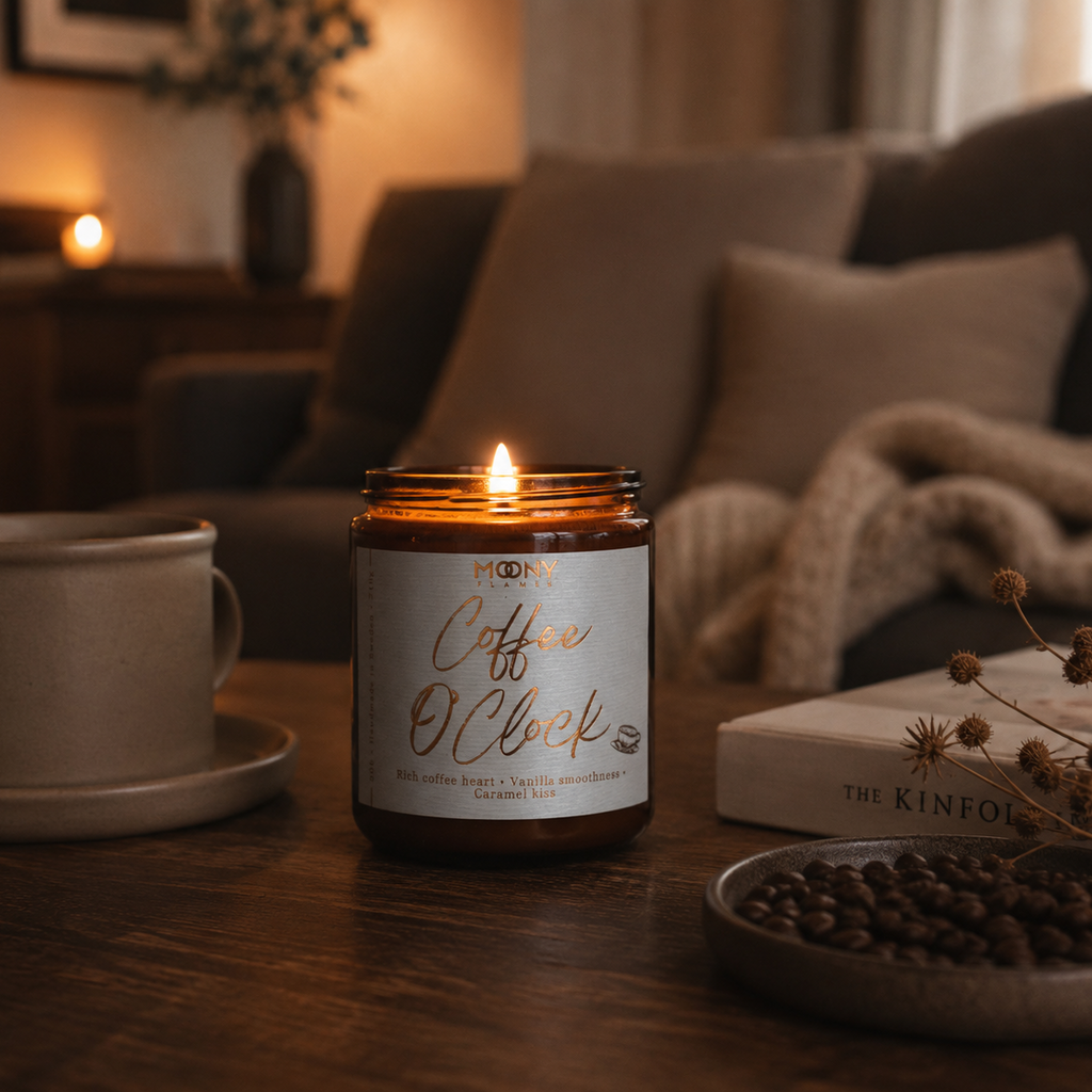 Coffee O'Clock doftljus från Moony Flames tänt i ett mysigt skandinaviskt vardagsrum med kaffekopp, kaffebönor och varma naturtoner. Handgjort kaffedoftljus med noter av nybryggt kaffe, vanilj och karamell, tillverkat i Småland, Sverige.