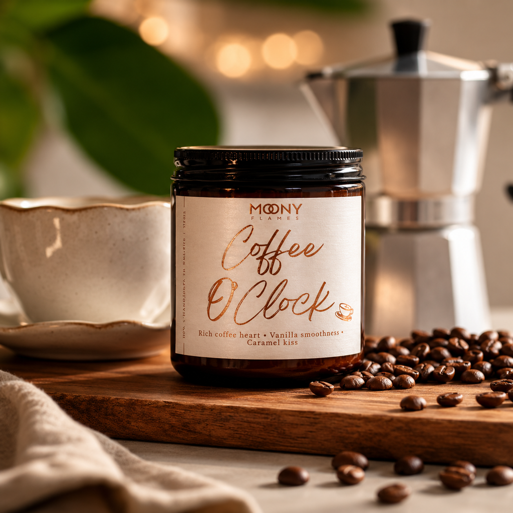 Coffee O'Clock doftljus från Moony Flames på rustik träbräda med kaffebönor, kaffekopp och mokabryggare i bakgrunden. Handgjort kaffedoftljus med noter av nybryggt kaffe, vanilj och karamell, tillverkat i Småland, Sverige.