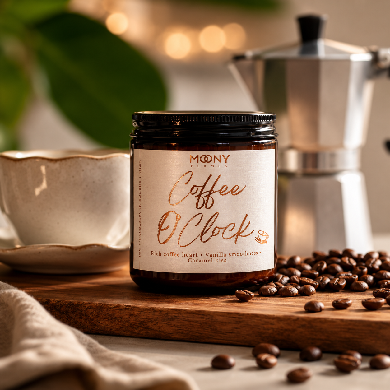 Coffee O'Clock doftljus från Moony Flames på rustik träbräda med kaffebönor, kaffekopp och mokabryggare i bakgrunden. Handgjort kaffedoftljus med noter av nybryggt kaffe, vanilj och karamell, tillverkat i Småland, Sverige.