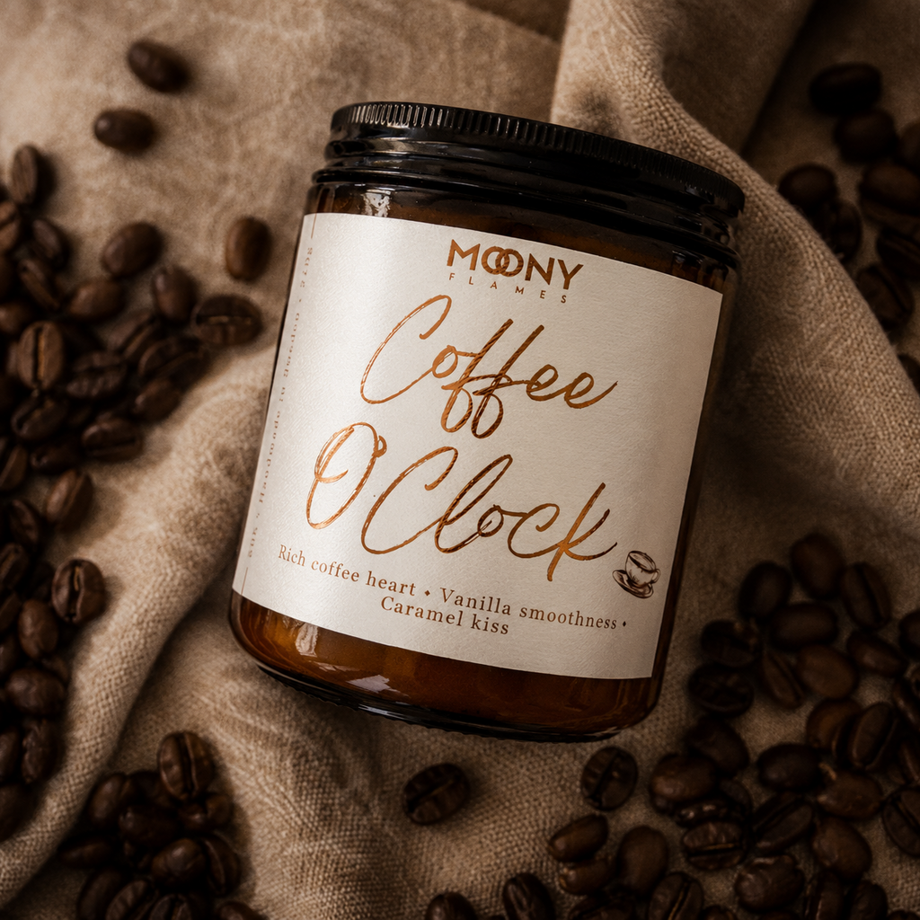 Coffee O'Clock doftljus från Moony Flames omgivet av kaffebönor på beige linnetyg. Handgjort kaffedoftljus med noter av nybryggt kaffe, krämig vanilj och söt karamell, tillverkat i Småland, Sverige av växtbaserat vax.