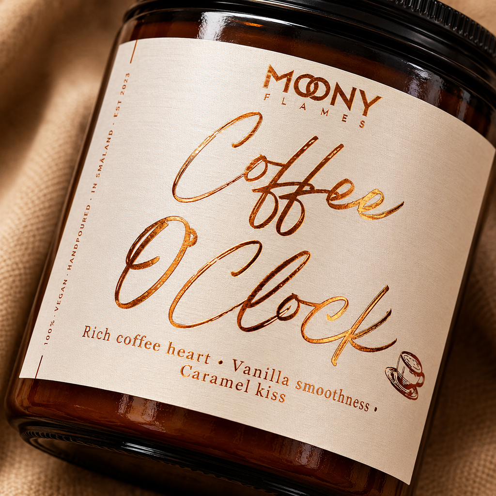 Makrofoto av Coffee O'Clock doftljus från Moony Flames som framhäver den exklusiva kopparfolierade etiketten och den handgjorda designen. Kaffedoftljus med doftnoter av nybryggt kaffe, krämig vanilj och söt karamell i amberglas. Tillverkat för hand i Småland, Sverige och inspirerat av lugna morgnar och svenska fikastunder.