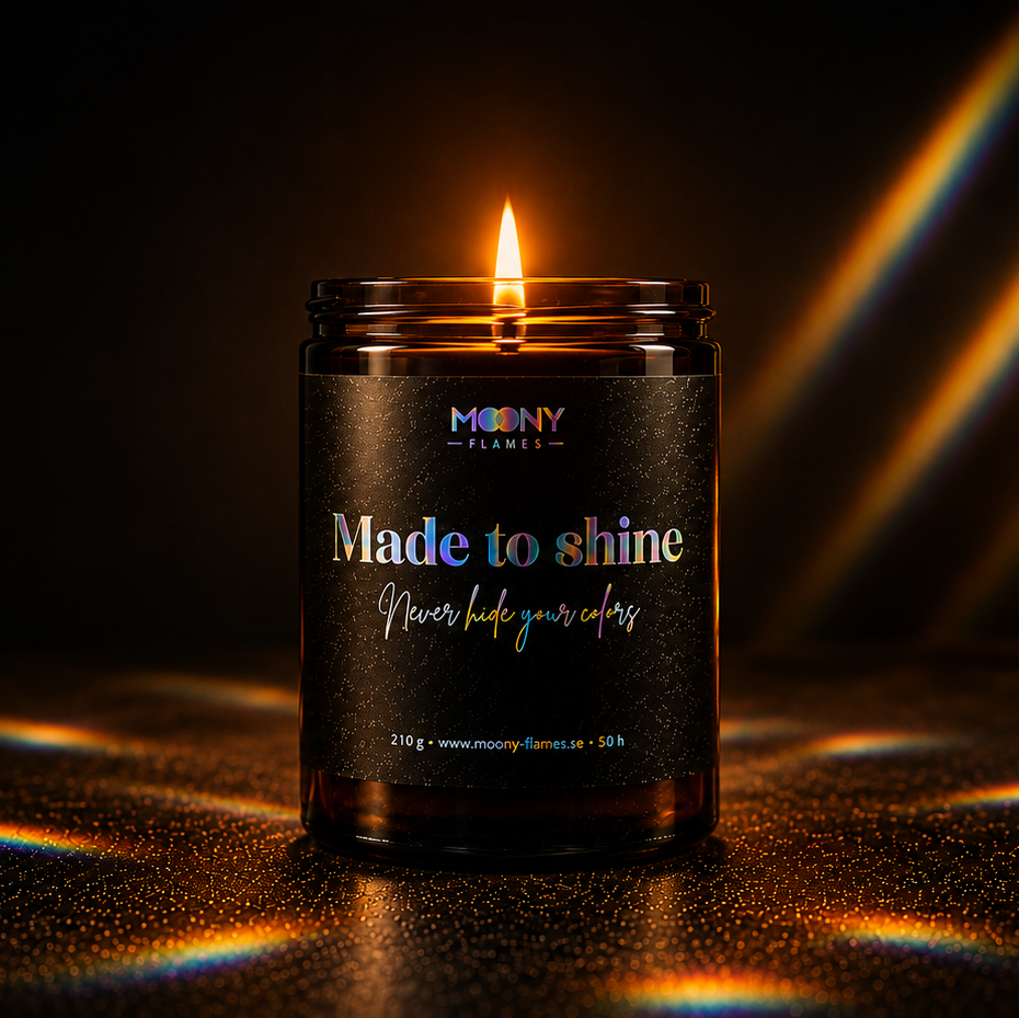 Pride doftljus från Moony Flames med texten Made to shine – lyxigt doftljus i mörkt glas med regnbågsreflektioner, perfekt för hemmet.