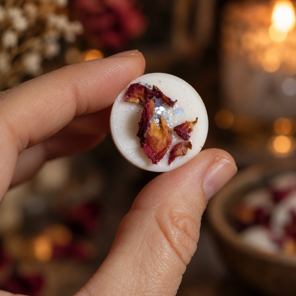Hand som håller en handgjord doftpralin med torkade blommor från Moony Flames.