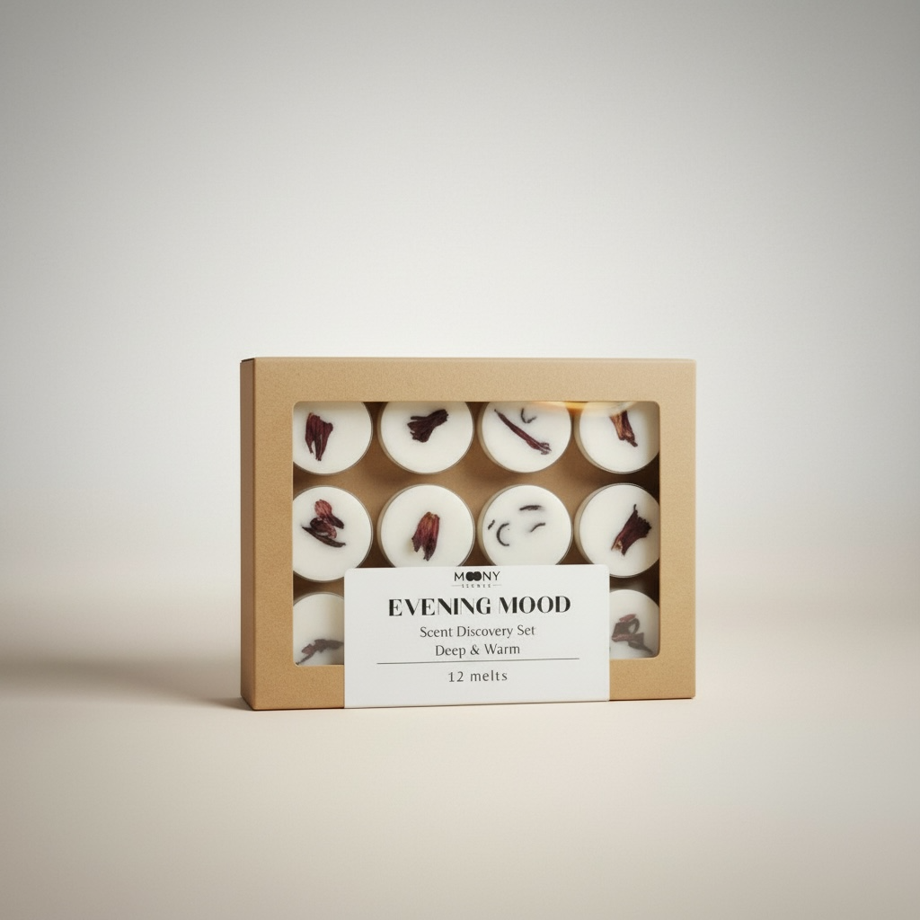 Evening Mood discovery box med 12 handgjorda doftvaxpraliner från Moony Flames.