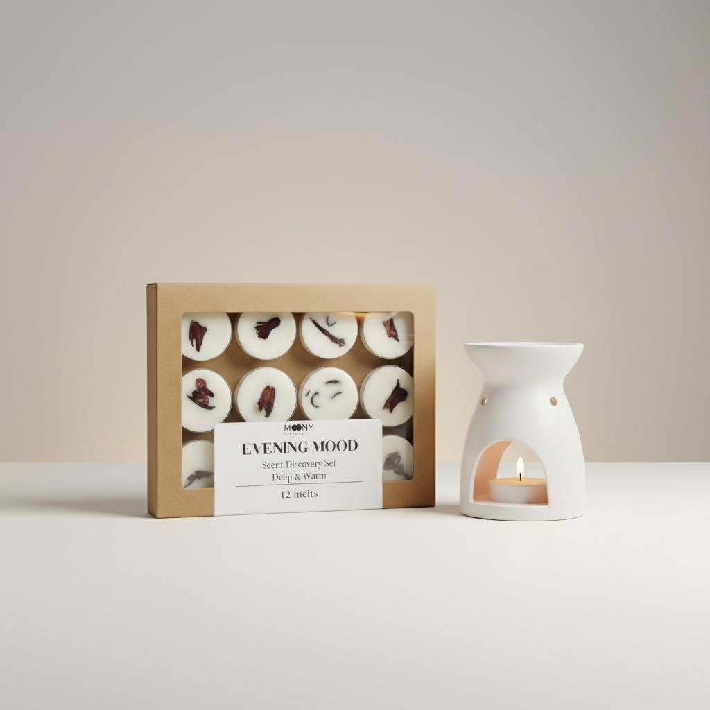 Evening Mood discovery box med handgjorda doftvaxpraliner och aromalampa från Moony Flames.