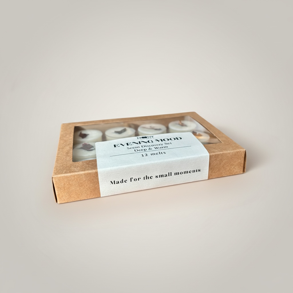 Evening Mood discovery box med handgjorda doftvaxpraliner från Moony Flames i kraftförpackning.