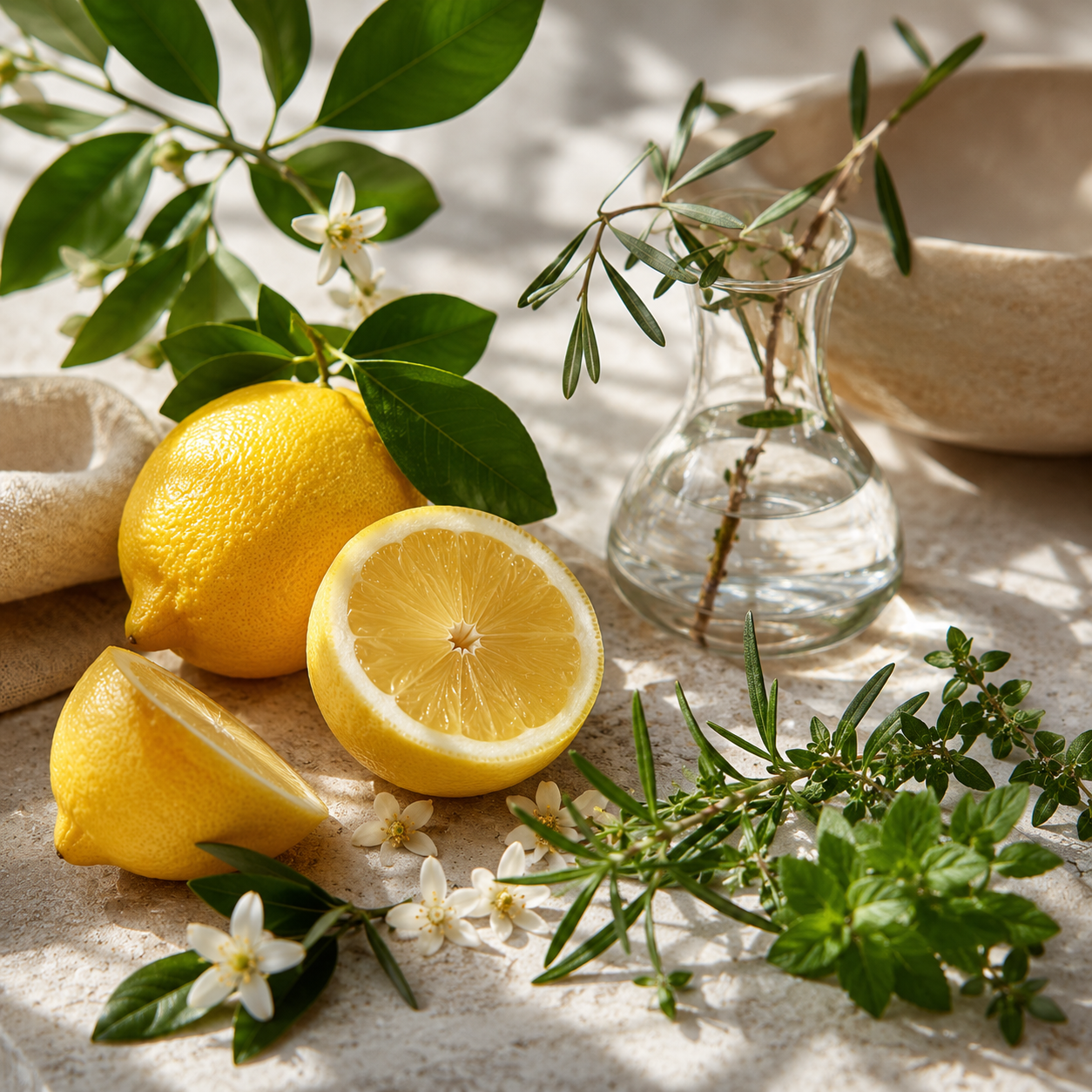 Färska citroner, citrusblad och gröna örter som representerar friska och citrusdoftande doftljus från Moony Flames.