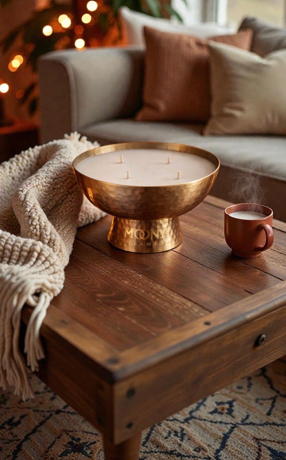 Golden Ritual doftljus från Moony Flames i hamrad mässingsskål, placerat på ett soffbord i en varm vardagsrumsmiljö för lugna och meditativa ritualer.