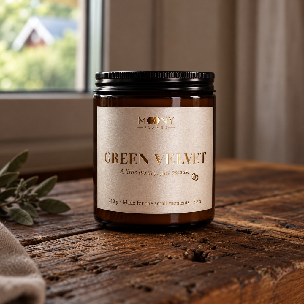 Tänt Green Velvet doftljus med pistage och choklad i en varm köksmiljö