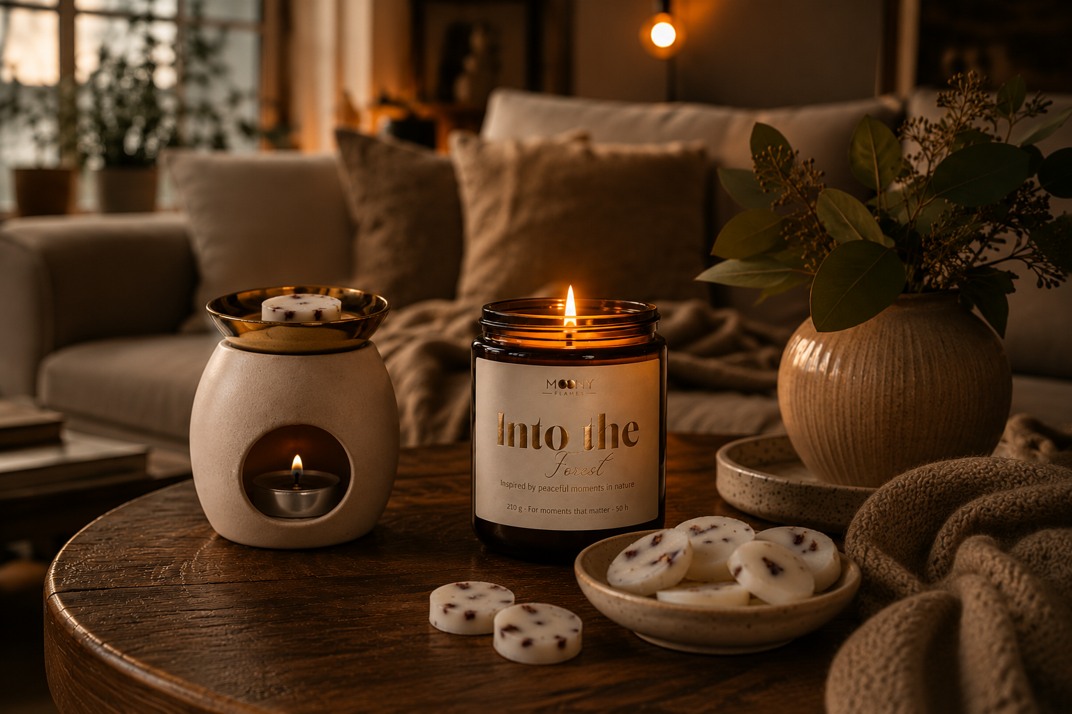 Handgjorda doftljus, doftpraliner och doftvax från Moony Flames Småland i en mysig hemmiljö med tänt ljus och aromalampa.