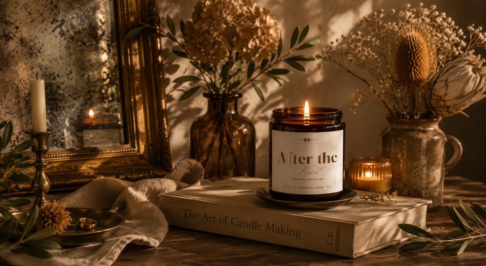 Handgjort doftljus After the Rain från Moony Flames på en vintagebok med antik guldspegel, torkade blommor och varm, romantisk inredning inspirerad av shabby chic.