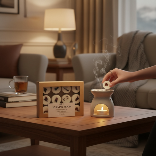 Handgjort doftvax från Moony Flames i aromalampa. Discovery set med doftvaxpraliner för hemdoft, avkoppling och mysiga kvällar inspirerade av skandinaviskt boende.